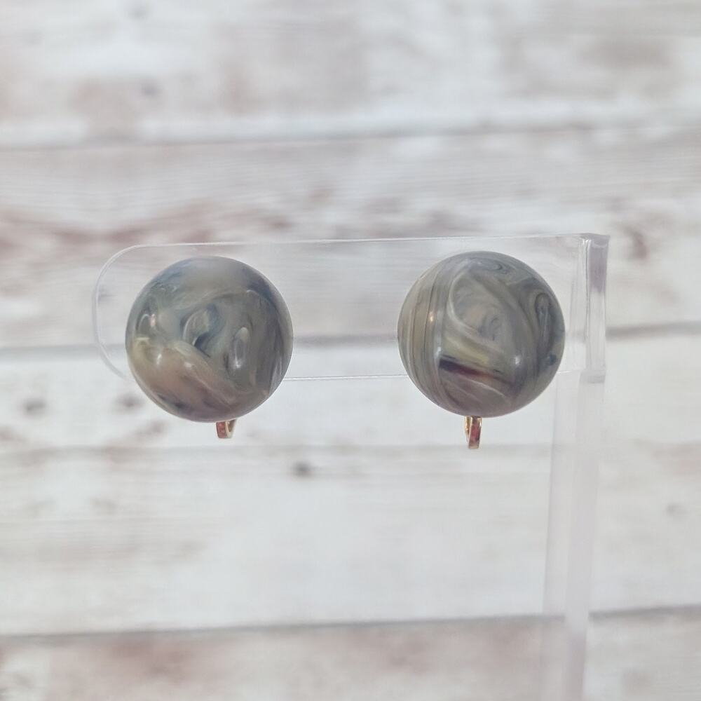 Vintage Clip On Earrings Marbled Muted Green Tones Domed